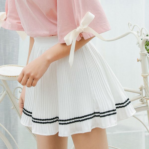 

women's skirts japan punk kawaii ulzzang high waist stripe pleated skirt elastic waist female korean harajuku cute button women, Black