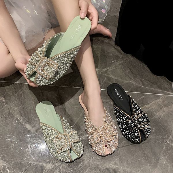 

butterfly-knot loafers glitter slides slippers casual shoes woman 2020 slipers women cover toe low jelly summer new flat, Black