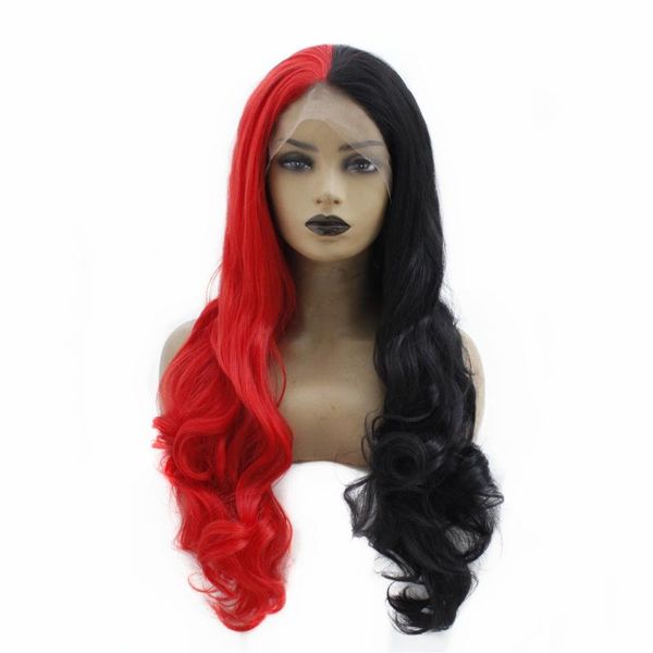 

fashion red&black long body wave hair glueless synthetic lace front wigs heat resistant fiber hair cosplay party wigs for women