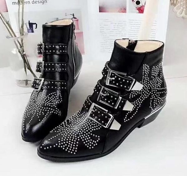 

designer boots susanna leather women suede ankle boots martin shoes women studded leather buckle combat boots 10 colors size35-42 a2, Black
