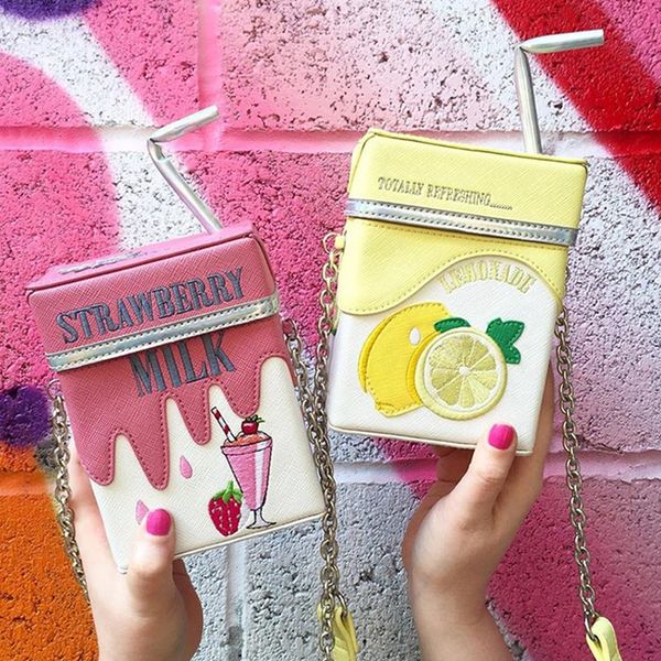 

personality strawberry lemon straw milk box harajuku style women messenger shoulder bag chains crossbody bags phone purse bag