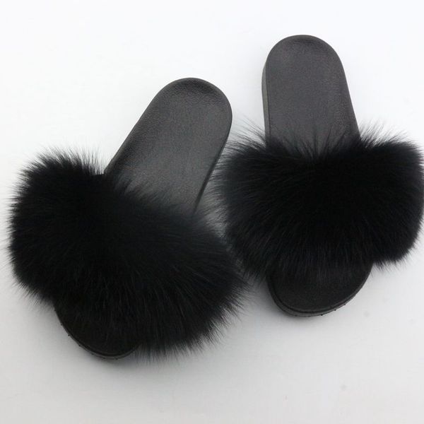

fur slippers women real fur slides home furry flat sandals female cute fluffy house shoes woman 2019, Black