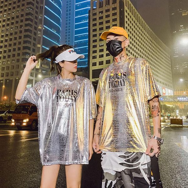

t-shirt nightclub performance pullover 2020 summer leisure loose port wind japanese large size gold streetwear hip hop t200428, White;black