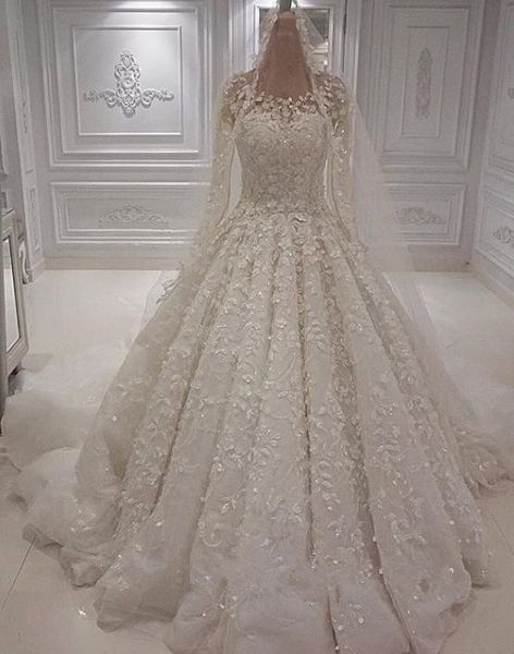 Wunderschöne Crew-Ballkleid-Hochzeitskleider mit langen Ärmeln, 3D-Spitze-Kristall-Brautkleider in Übergröße, Dubai-Araber, formelles Hochzeitskleid, luxuriös