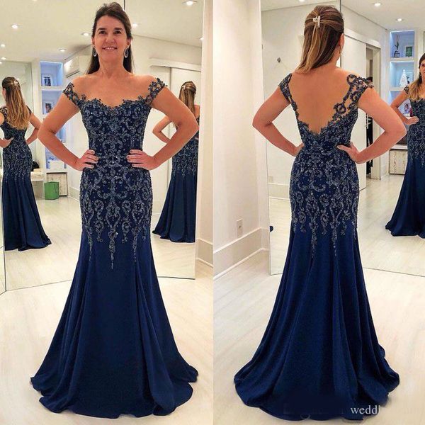 

dark navy mermaid lace beaded evening dresses sheer bateau neck backless sequined formal dress floor length chiffon appliqued prom gowns, Black;red