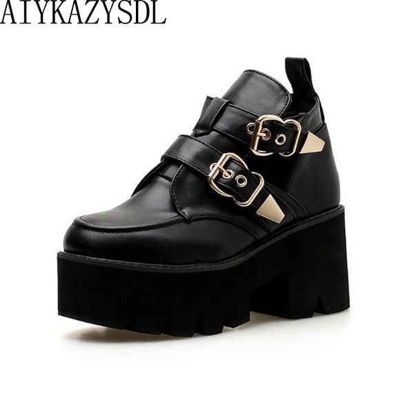 

aiykazysdl autumn women punk rock motorcycle boots cut out bootie buckle strap platform high heel wedge shoes thick chunky heels, Black
