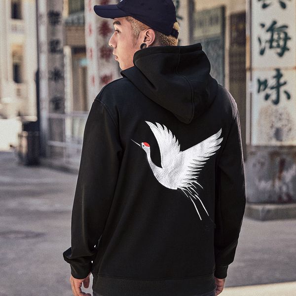 

januarysnow hip hop hoodie sweatshirt embroidery crane japanese hoodie streetwear autumn 2018 cotton pullover harajuku retro clothing, Black