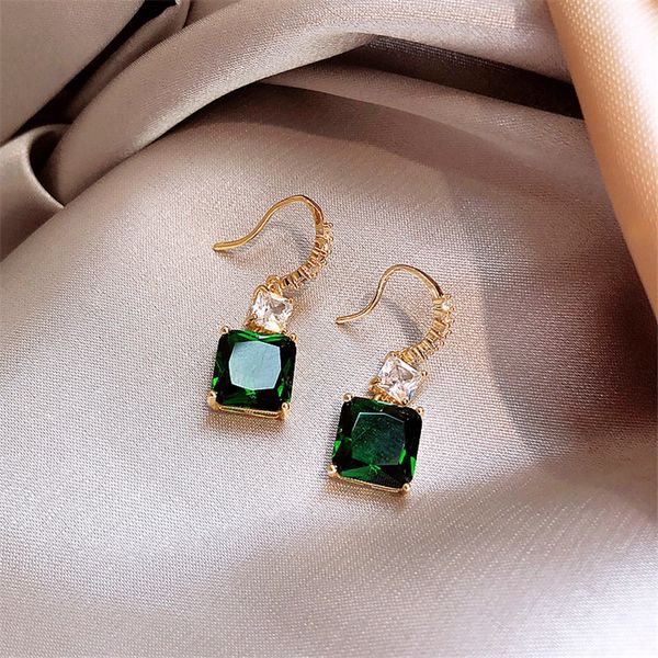 

fyuan zircon geometric dangle earrings for women bijoux exquisite green square crystal drop earrings statement gifts, Silver