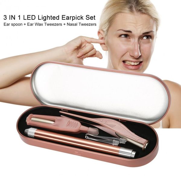 

3 in 1 stainless steel led ear spoon cleaner set ear wax nose removal tweezers cleaning tool ear care kit