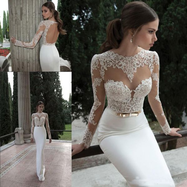 Guaina Berta Abiti da sposa Illusion Manica lunga Girocollo con applicazioni Pizzo Backless Abiti da Noiva Beach Abiti da sposa