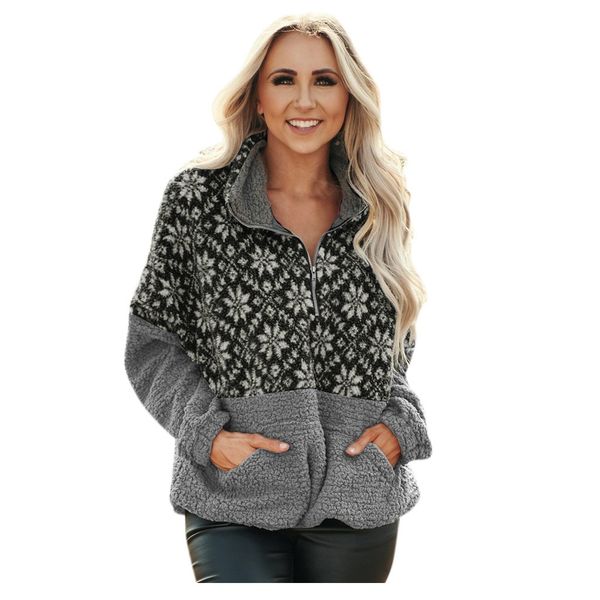 

women christmas printed patchwork stand sweatshirt pocket blouse top, Black