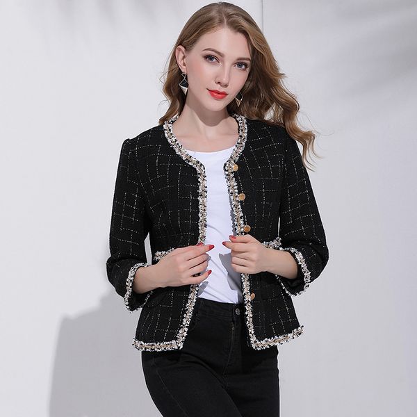 

star with the paragraph 2019 autumn new short tweed small fragrance style ladies temperament wild jacket female, Black;brown