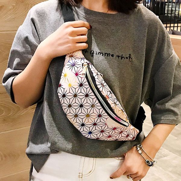 

women faux leather fanny pack shiny gradient hologram waist bag geometric pattern rock chest shoulder crossbody purse
