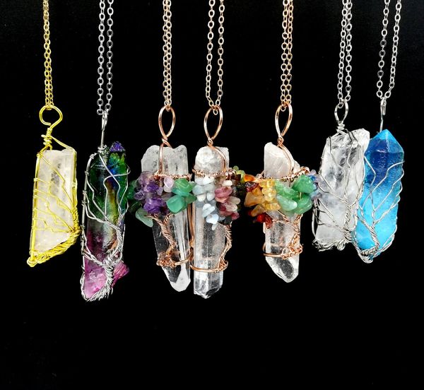 

jln natural crystal life tree pendant gemstone wire wrapped quartz hexagon prism amulet charm with brass chain necklace, Silver