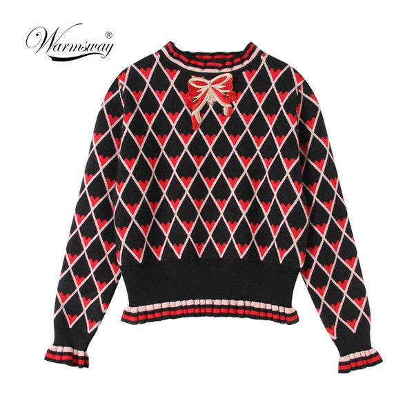 

warmsway pull femme 2019 new winter turtleneck high waist bow embroidery knit sweater women argyle heart pattern c-304, White;black