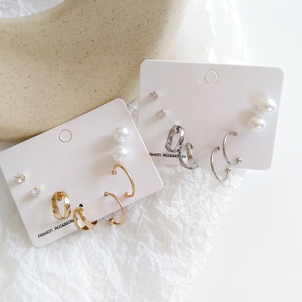 

rhinestone simulated-pearls korean earrings set fashion shiny round small earrings jewelry, Golden;silver
