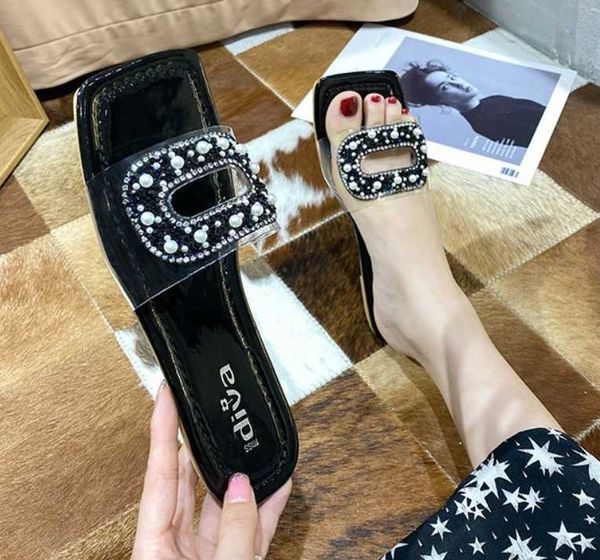 

fashion summer flat crystal pearl flip flop women new wild outdoor sandals candy color pvc slippers, Black