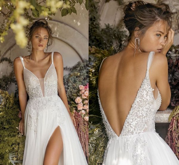 

лихи од 2020 sexy side split свадебные платья линия backless свадебные платья шнурок appliqued beads свадебное платье v шеи свадебные платья, White