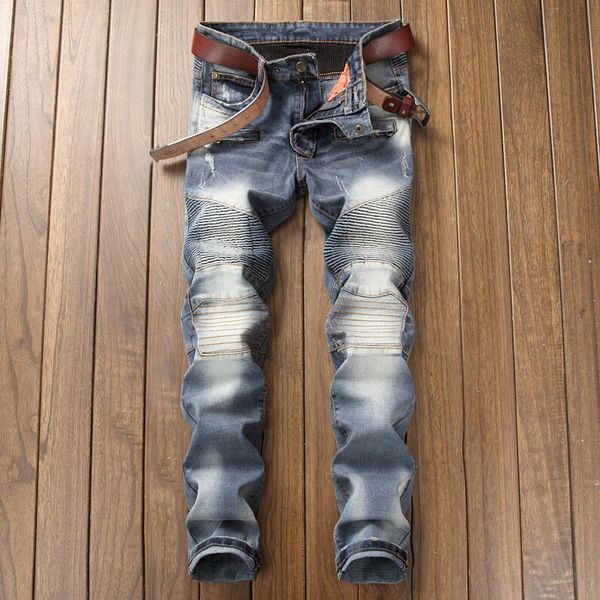 

mens distressed ripped skinny jeans fashion designer slim fit motorcycle moto biker causal denim pants hip hop trousers 001-1, Blue