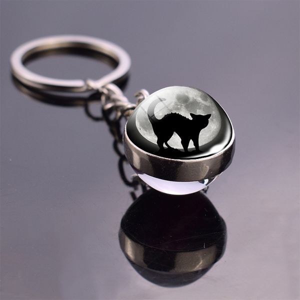 

black cat pumpkin head bat jewelry full moon double sided keychain men women halloween gift fashion accessories, Silver