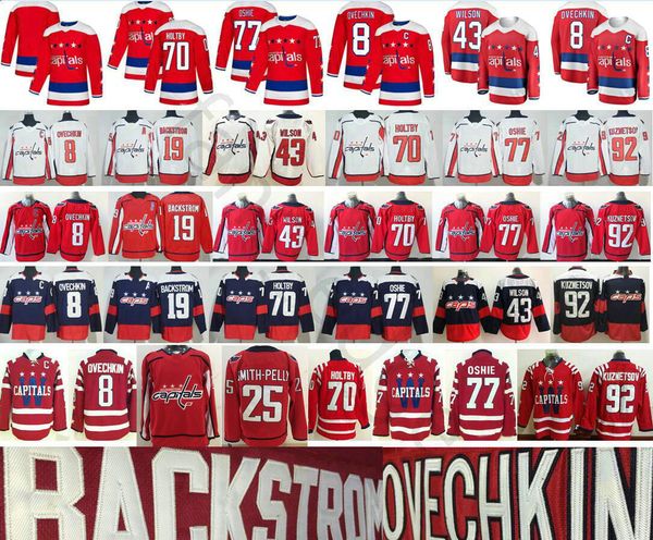 

2019 washington capitals 8 alex ovechkin 25 devante smith-pelly 43 tom wilson 77 tj oshie 19 backstrom 70 holtby 92 evgeny kuznetsov jersey, Black;red