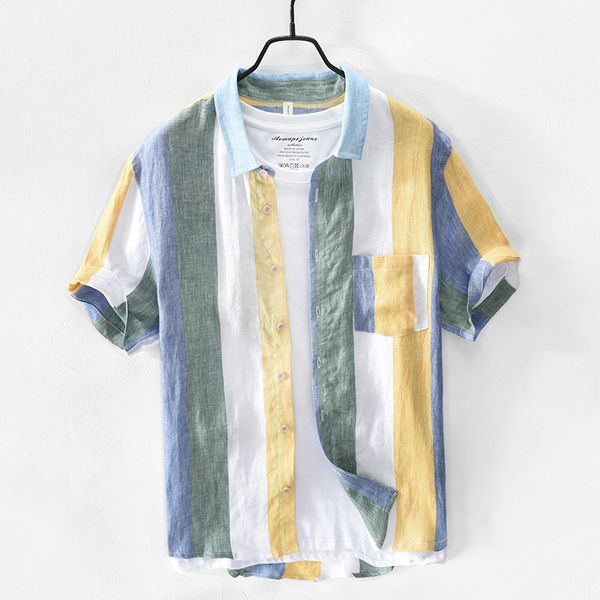 

men summer fashion japan style pure linen striped simple casual shirt male casual harajuku basic breathable shirts, White;black