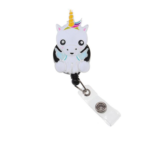 

wholesale cartoon enamel unicorn retractable badge reel animal horse id name card badge holder for student/nurse/kid's gifts, Slivery;golden