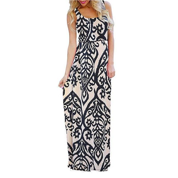 

2019 women's floral boho dress summer long maxi party dresses casual sleeveless tank beach sundress, Black;gray