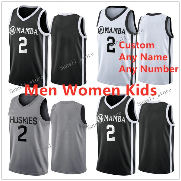 Benutzerdefinierte Schwarz Weiß Grau #2 Mamba Gianna Gigi Bryant High School College Basketball Jersey Männer Jugend Kinder Frauen Passen Sie jeden Namen und jede Nummer an