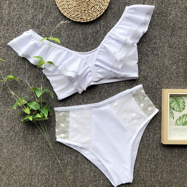 

shoulder swimwear women print lace up female swimsuit 2018 high waist ruffle bikini set push up two-piecebeach bathin suits
