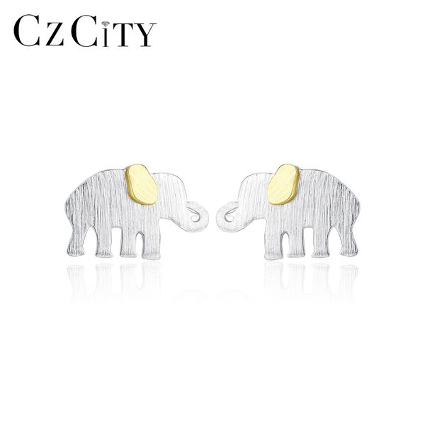 

czcity brush solid 925 sterling silver elephant stud earrings for women fine jewelry silver boucle d'oreille femme gifts se0395, Golden;silver