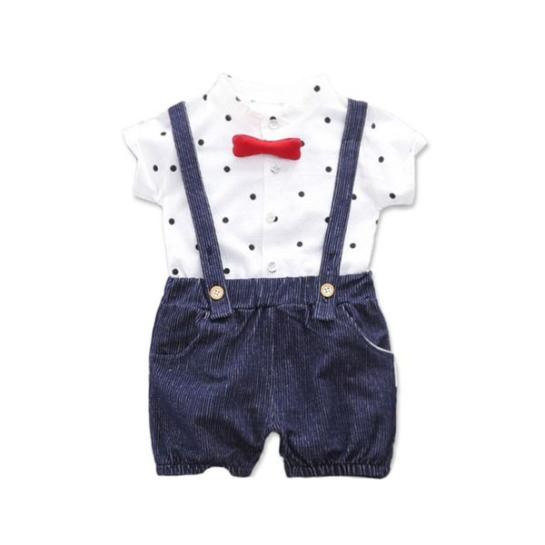 

baby clothes summer baby boys short sleeve polka dot print shirts+strap shorts casual outfits sets new, White