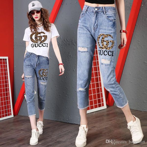 

G letter print jean hole lim denim women 039 pant outdoor un creen cold de igner jean hipping