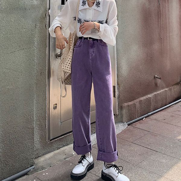 

high waist purple plus size jeans harajuku korean denim pants women wild daily casual girls loose trouser streetwear, Blue