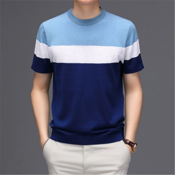 

hit color knitting tshirt mens short sleeve summer fashion casual round neck loose middle-aged thin mulberry silk clothing, White;black