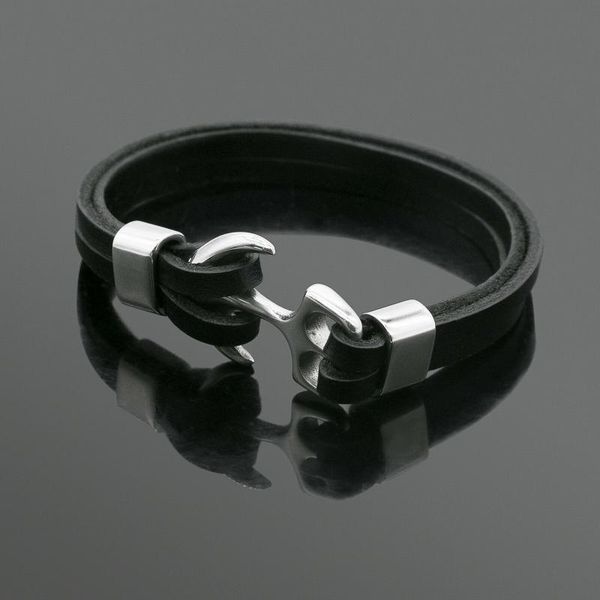 

men's leather bracelet tone anchor charm magnetic clasp bangle, Black