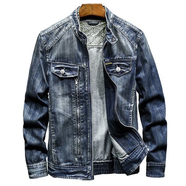 

mens vintage biker motorcycle denim jacket casual spring autumn coat stand collar slim fit male, Black;brown