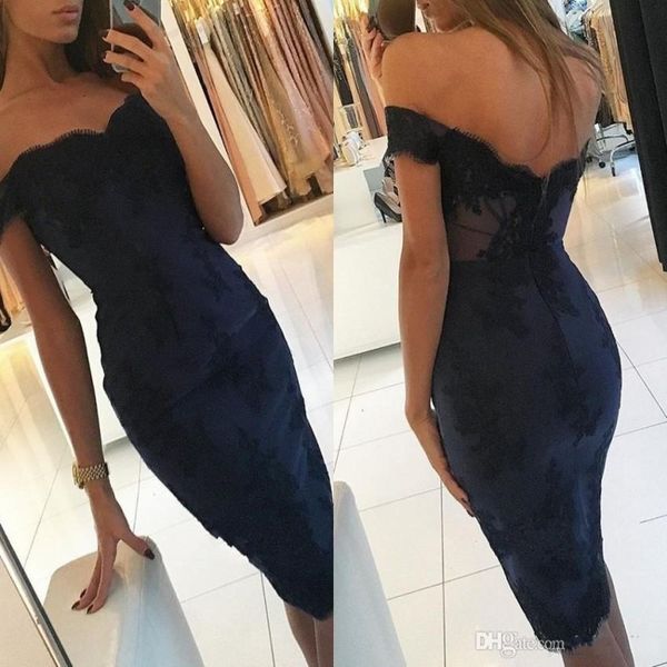 

2020 elegant navy blue sheath cocktail dresses elegant off shoulders lace appliques backless knee length prom dress mother dress, Black