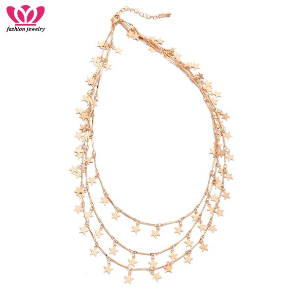 

women choke necklaces fashion shiny star pendant 3 layer necklaces statement jewelry for girls women party jewelry gifts 2018, Silver