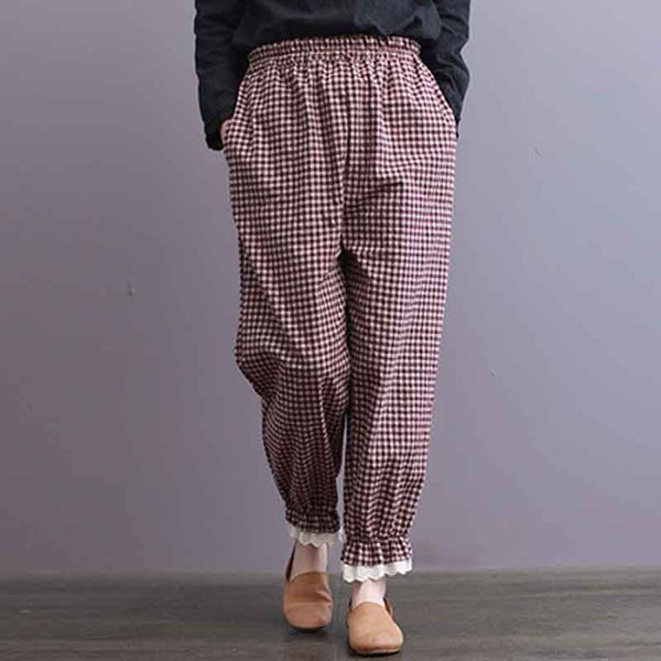 

zanzea casual loose plaid check lace pants trousers women high elastic waist loose ruffled splice long turnip pant plus size 5xl, Black;white