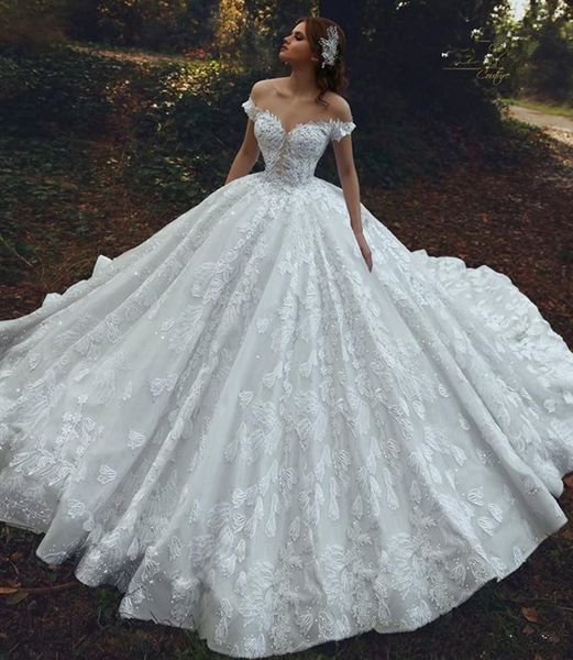 

Gorgeou lace a line wedding dre e for audi arabic women 2019 off houlder low cut back chapel train long bridal gown formal