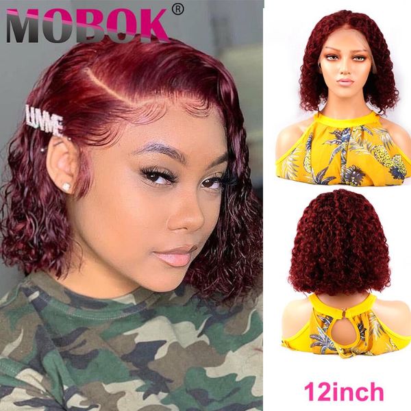 

lace wigs 180% ombre colord 13x4 curly bob wig front human hair burgundy 99j red pre plucked brazilian for women remy, Black;brown