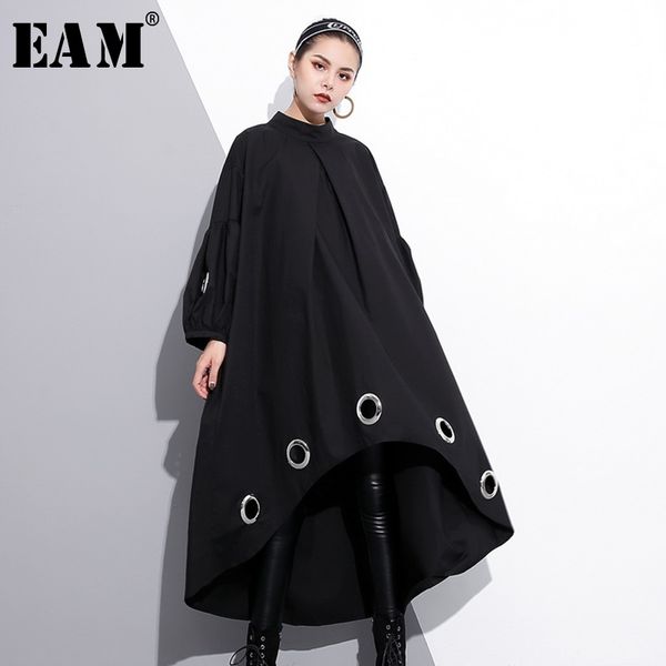 

eam] 2020 new spring round neck long sleeve solid color black metal ring big size hollow out dress women fashion tide je29201, Black;gray
