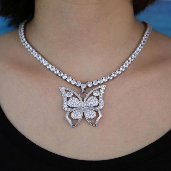 

iced out bling 5a cubic zirconia paved tennis chain hip hop cool clear cz butterfly necklaces for women men jewelry, Silver