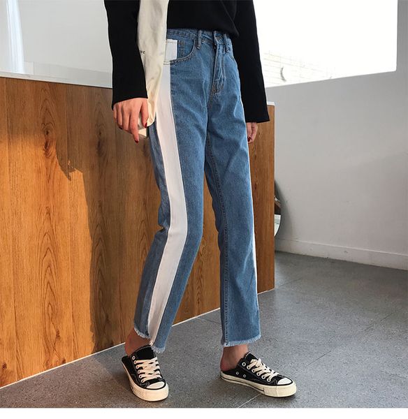 

women jeans ankle length girl's loose spring autumn pants preppy style side stripe street-wear female trouser, Blue