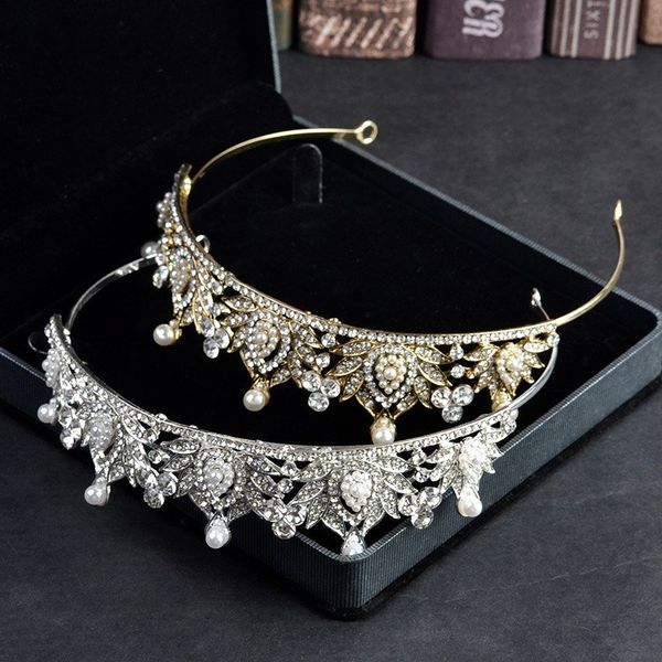 

silver gold rhinestone pearl bridal crown tiaras for women wedding hair accessories jewelry diadem headbands my3240, Golden;white