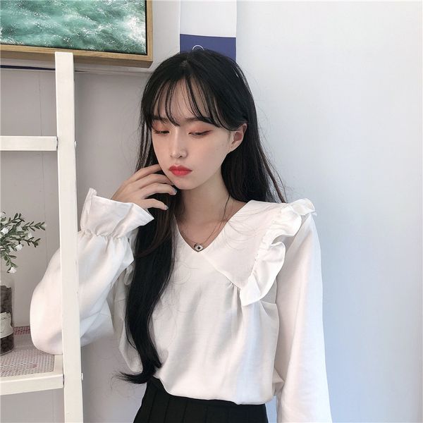 

autumn fashion women shirts ruffles full sleeve loose slim v-neck very + 5 western style blouse shirt white red 1705