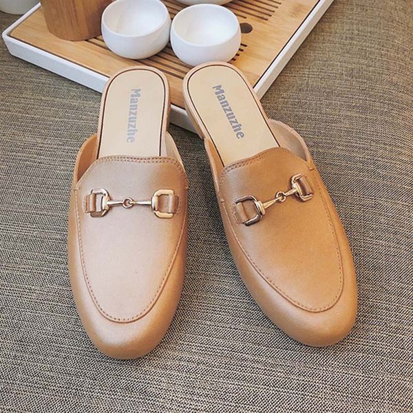 

vintage mules femme 2020 summer casual flat shoes women slippers low heels outdoor retro leather slippers women black khaki