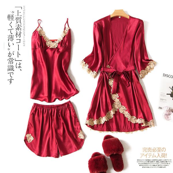 

lisacmvpnel 3pcs lace pajama set cardigan + nightgown + shorts sleep set, Blue;gray