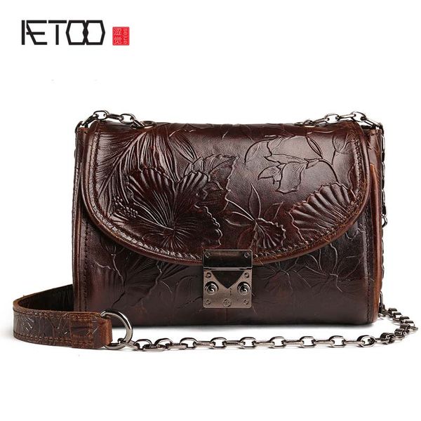 

aetoo new vintage embossed leather bag ladies head cow leather oil wax skin handbags retro shoulder bag messenger small